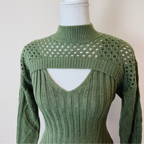 NWT Olive Green Knit Cable Sweater Long Sleeve Cut Out Bolero Mini Dress - Picture 4 of 12